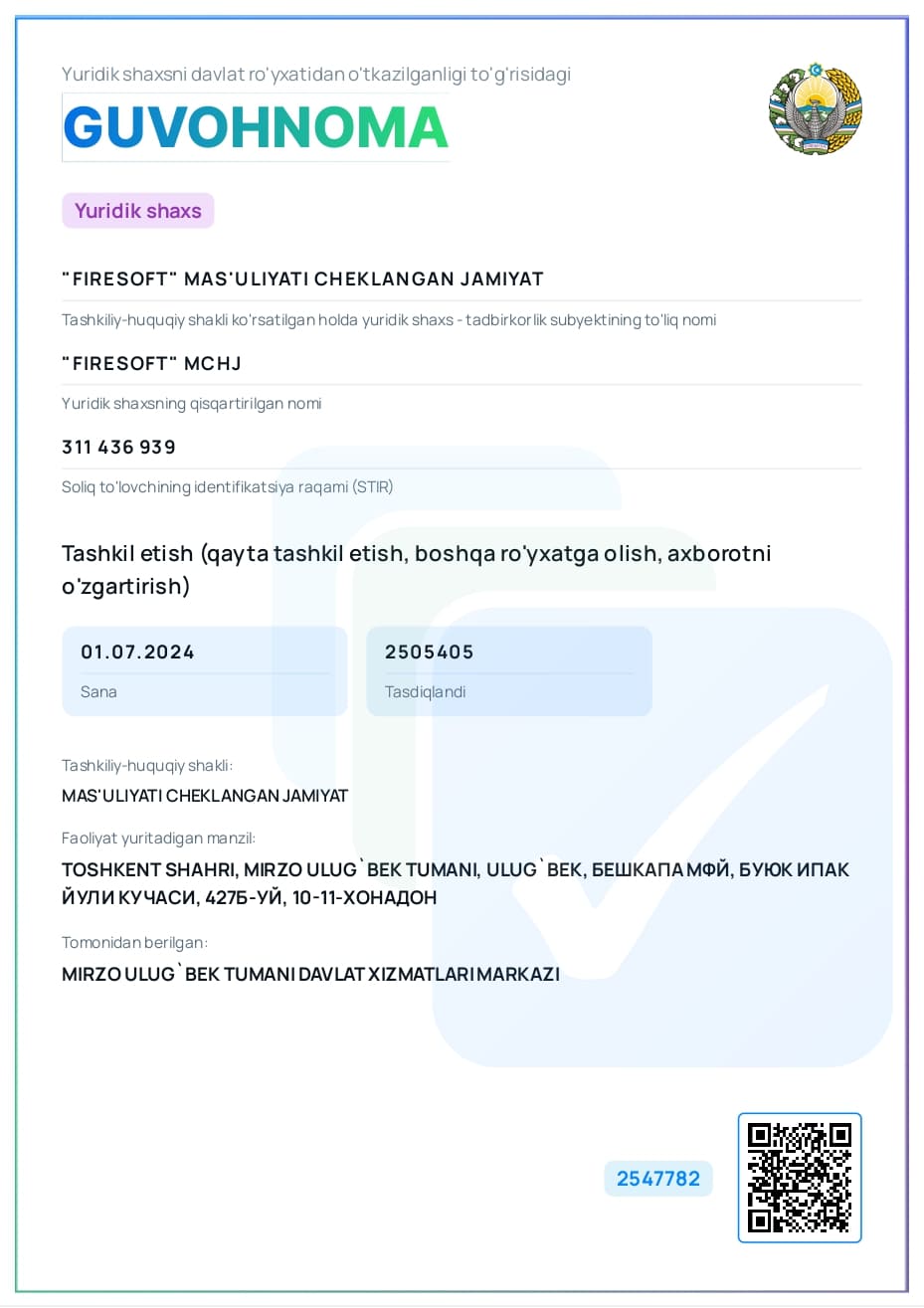 Firesoft MChJ sertifikati